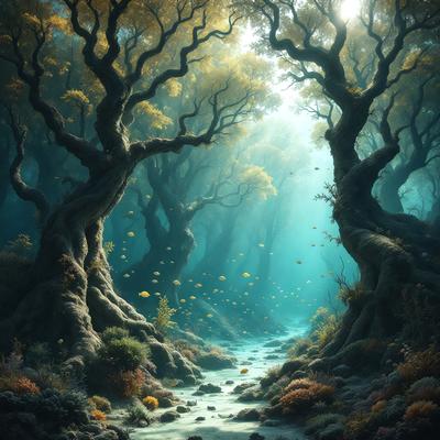 The primary subject of the image is a forest with a stream running through it. The setting is a dark, moody forest with a blue-green hue. The visual style is a digital art or illustration, creating a surreal and enchanting atmosphere. The colors and mood convey a sense of mystery and tranquility, as the viewer is drawn into the depths of the forest.